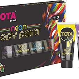 TOTA Non-Toxic Face Paint and Body paint for Party, Celebration, Holi - Set of 6 in White, Yellow, Orange, Green, Blue and Pink. Neon Colour UV Glow Tubes-2
