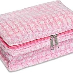 Makeup Storage Bag | Vanity Box for woman | Laminated Watch Organizer | Cosmetic Storage Kit | Makeup Kit with Handle | 6 Pouch Jewellery Storage Bag | Check-Design | Pink-picture-2