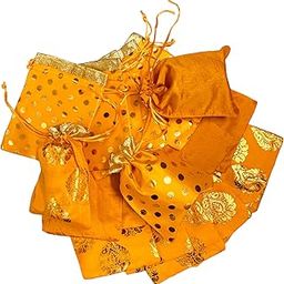 Moira 30 pcs 5X7 inch Small Size Mustard Silk Printed Potli for Gifting, Jewellery Storage, Shagun, Coin Packing-1
