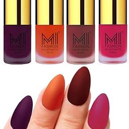 MI FASHION Velvet Matte Nail Polish Set Lacquer And Highly Pigmented Intsense Color 9.9ml Purple, Orange, Maroon, Pink (Pack Of-4)-82