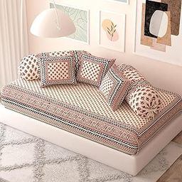 Blizz Mont | Handblock Bagru Printed Diwan Set | Pure Cotton | Quilted | Set Contains- 6 Pieces (1 Single Bedsheet, 2 Boster Covers, 3 Cushion Covers) | Ziz Zack- 1+2+3-image-26