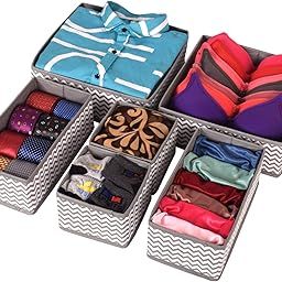OCEANEVO Set Of 6 Foldable Wardrobe Closet Organizer For Clothes, Drawer Storage Organiser Innerwear, Lingerie, Socks, Tie, Scarf - Non Woven Wave Pattern, Clothing, (Black,White)-image-4