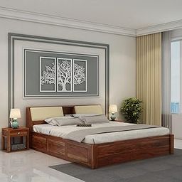 WOODLAB Furniture Solid Sheesham Wood Mayor King Size Bed with Box and Headboard Storage for Home Bedroom Wooden Double Beds Furniture for Living Room Hotels (Honey Finish)-image-84