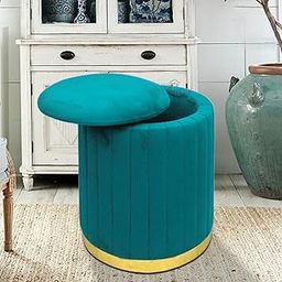 RIBAVARY® Round Velvet Luxurious Storage Ottoman,Vanity Stool Chair,Upholstered Foot Rest Stool with Gold Strip Base for Living Room or Bedroom (Pack of 1 (Big), Aqua)-image-43