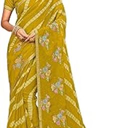 Women's Printed And Floral Print Embroidered Chiffon Saree In Olive Color With Unstitched Blouse - Embrace Trendy Style and Timeless Elegance in this Exquisite Attire-image-7