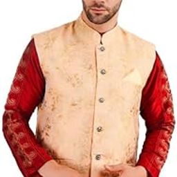 Men's Jacquard Self-Design Sleeveless Mandarin Neck Waistcoat (Beige, 42)-PID57148-picture-43