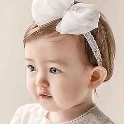 EvoNest Baby Girl Headband, White Organza Bow with Lace Band-image-4