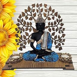 SN Handicrafts Sitting Buddha Idol Statue Showpiece-with Wooden Bodhi Tree and 2 Tealight Candle Holder for Living Room Home Décor and Gifts 1set (Black Blue)-image-35