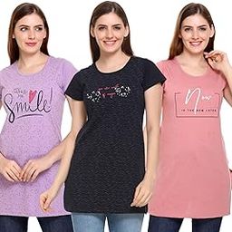 Women’S Cotton Long T-Shirts for Summer Wear - Loose Fit Combo Pack of 3, Ideal As Long T-Shirts for Women, Night Wear T-Shirts for Women, and Relaxed Fit Nightwear-image-67