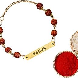 Newgenkart Personalized Rudraksha Rakhi Bracelet – Custom Name Engraved | Gold-Plated Spiritual Rakhi for Brother, Bhaiya, Bro & Bhabi | Raksha Bandhan Gift-image-1