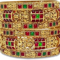 Traditional Gold Plated With Studded Kundan Bangles | Studded Bracelet Bangles Set for Girls and Women | Stylish Kade for Women | Fancy Rajasthani Bangles (Set of 6) Red,Green-image-88