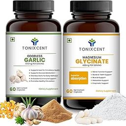 TONIXCENT Calm Digestion Blend | Garlic 650mg & Magnesium Glycinate 400mg Capsules | Supports Stress Relief, Heart Health & Muscle Recovery | 60+60 Vegan Capsules-image-56