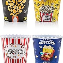 Modern Style Reusable Plastic Popcorn Containers/Popcorn Bowls Set for Movie Theater Night - (BPA Free-4 Pack- Each One 75 oz) (Color: Yellow, Brown, Red/White and Blue Popcorn Boxes)-picture-1