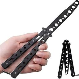 Venzina® Butterfly Knives Trainer Stainless Steel with O-Ring Latch Practice Knives for Beginner, No Offensive Blade, Balisong Trainer Knives for Practice Flipping Tricks, Training Knives Tool - Black-image-30