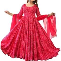FASHONIA Trendy Stylish Bandhani Printed Flared Round Neck Three Quarter Sleeve in Rayon Fabric Gown with Dupatta Set-picture-28