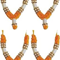 ARTISKRITI Small Ribbon Mala for God Idols and Statues, Pooja Haar for Idols Murti Mala for Car Dashboard Figurine, 12 cm, Set of 4, Yellow White-2