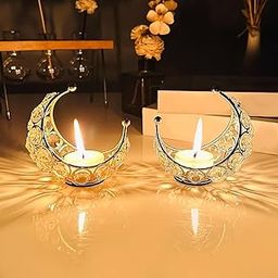 Iron Art Ware Moon Tea Light Crystal Candle Holder,Return Gifts for Pooja, Metal Lanterns, Handicraft Items for Home Decor - Decor Gifts for Wedding, Ramadan, Diwali Decoration (Pack of2)-22