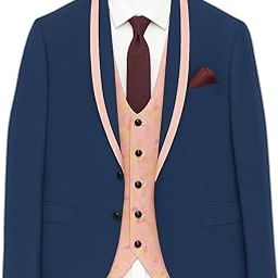 Men's 3-Piece Wedding Suit, Navy Blue Suit with Printed Jaquared Febric Waistcoat, Regular Fit-image-9