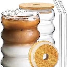 KELVEE Drinking Glasses Tumbler with Bamboo Lid and Straw Pack of 1, 400ml Travel Cocktail Glass Sipper Bottle for Juice Boba Iced Tea Coffee Hot Cold Drink Cup (Wave)-image-54