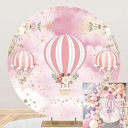 DORCEV Polyester Pink Hot Air Balloons Round Backdrop Cover 6.5x6.5ft Rustic Floral Plants Glittering Stars Photography Background for Kids Girls Birthday Party Baby Shower Newborn Baby Portrait Props-image-74