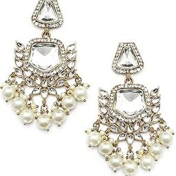 Gold-Plated Kundan & Pearls Studded Classic Mirror Drop Earrings For Girls and Women-0