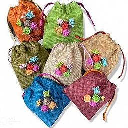 Unisex Colored Jute Potli With Multicolour Flower Jute Linen Potlis | 6 x 5 inches | Gift Bags for Return Gifts Bags| Jute Linen,Burlap-43