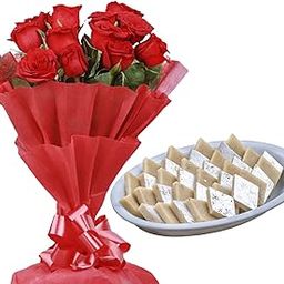 80 Rose Garden Special Diwali Hamper Combo with Fresh Flowers Red Roses Bouquet & Kaju Katli Sweet Box 500g | Next Day Delivery-image-3