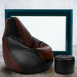 LEXAVI Brand - XXXL Beanbag with Footstool Cover/ Without Beans - (Tan Black)-image-33