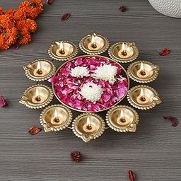 eCraftIndia Golden Metal Handcrafted Flower Decorative Urli with 10 Diyas | Urli Bowl for Home Decor | Urli for Floating Flowers | Diwali Decoration Items for Home Decor | Housewarming, Diwali Gift-image-19