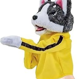 Husky Dog Hand Puppet, Plush Animal Toy with Yellow Raincoat, Grey and White-10