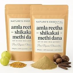 Amla Reetha Shikakai Methi Dana Powder – Pack of 2 | Ayurvedic Herbal Cleanser & Shampoo | 100% Pure & Organic | 400g Total (200g per Pack, Mixed) – by Nature’s Essential-11
