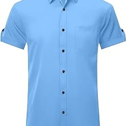 Men's Short Sleeve Button Down Shirt, Light Blue, Casual Shirt with Chest Pocket-image-100