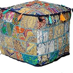 Square Ottoman Cover 16 Inch Embroidery Tassels Living Room Decor Bean Bag Cover Ethnic Cotton Handmade Braided Design Pouf Patchwork Rajasthani Footstool Cover-image-95