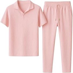 Men's Casual Polyester T-Shirt and Jogger Pants Set, Pink, Drawstring Waist, Tracksuit (IN, Alpha, M, Regular, Pink)-picture-17