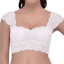 Ivory White Soft Cotton Lycra Net Floral Lace Blend Crop Top Push Up Spaghetti Vest Bralette Padded Saree Blouse Bra Stretchable Free Size-picture-3
