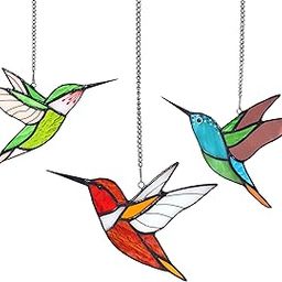 Lolitarcrafts Hummingbird Stained Glass Window Hangings Bird Stained Glass Suncatchers Hummingbird Gifts for Mom,Bird Lovers (Multicolor （3 Packs)-image-1