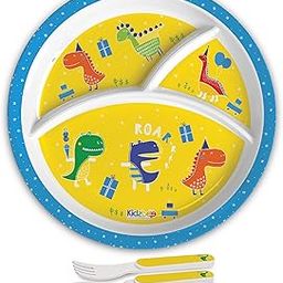 Cello Kidzbee Trioplate Dino Party Melamine Meal Set for Kids | BPA Free and Food-Grade Material | Attractive and Kidfriendly Designs | Break Resistant & Durable Set | Set of 3, Yellow-13