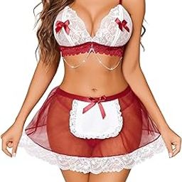 LUXZII Sexy Lingerie Maid Costume Set – Sheer Lace Bra & Skirt Apron with Bows and Pearl Chain, Flirty Roleplay Outfit for Bedroom or Valentine’s Night, Babydoll Dress for Honeymoon-image-93