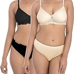 Padded Bra Panty Set for Women Lace Cotton Non Wired Full Coverage T-Shirt Shaper Push up Teenage Regular Use Comfortable See Main Image to Check How Many Sets You Will Get-25