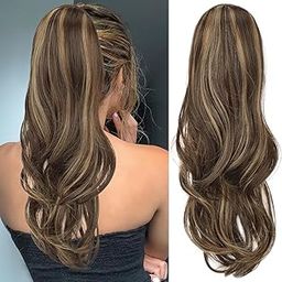 DAZZ LOOK Claw Clip in Wavy Pony Tail Hair Pieces 20" 5.6 OZ Highlights Ponytails Wig Synthetic Fake Hair Clip On Pony Tails Hair Extensions For Women Girls -4H27 (Highlights)-image-100