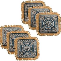 Heart Home Pack of 6 Velvet Finish pooja mat for sitting on floor | Traditional Rangoli Print Aasan Puja Cloth for Home Mandir | Suitable for Prayer & Meditation | Golden Firozi-image-58