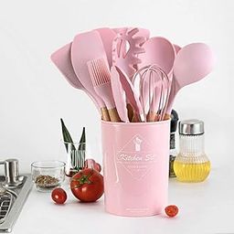 Klick n shop Silicone Kitchen Spatula and Utensils Spoon Set Cooking + Baking Set- 12 Pcs Non-Stick with Wooden Handle-BPA Free, Heat Resistant Item, Flexible Non Toxic Silicon Cookware Tools (Pink)-18