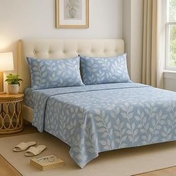 BSB HOME Microfiber Cotton 4 Pcs Bedding Set for King Size Double Bed (78x72 Inches) – 1 Fitted Bedsheet with Elastic + 1 Flat Top Sheet + 2 Pillow Covers | Floral Prints (Color - Grey & White)-7