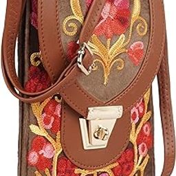 Embroidered Crossbody Bag, Mobile holder Black with Red Floral Design, Multi-Layer Travel Purse with Gold Lock-image-11