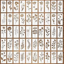 Devasya Crafts 50 Pcs Wildflower Stencils, Small Flower Leaf Stencils for Painting on Wood, Daisy Rose Dandelion Tropical Leaf Botanical Templates, Reusable Plant Template for DIY Fabric Paper Card Drawing - 3" x 6"-18