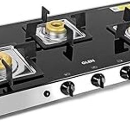 Glen 3 Burner Toughened Glass Top| LPG Gas Stove|Forged Brass Burners|Black|Silver|Auto Ignition| ISI Certified|Revolving Nozzle|5 Years Warranty On Glass, Valve Burner | 1038 SQ GT FB AI-19
