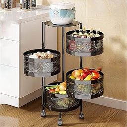EXVITO Metal Kitchen Trolley Kitchen Organizer Items & Kitchen Accessories Items for Kitchen Rack Round Design for Fruits & Vegetable Onion Storage Kitchen Trolley with Wheels - Black Round 4 Rack-21