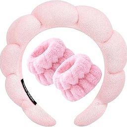 Women 1Pcs Facial Spa Headband 2Pcs Wristband Combo Set, Pink Makeup Headband And Wrist Washband Set For Face Washing, Skincare, Shower, Makeup Removal-5