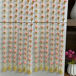 Magpie Collections Handmade Light Pink Strings Pom Pom with Golden Moti and White Pearl for Door,Wall Hanging Bandhanwar Garland, Decoration Diwali Festival,Navratri,Wedding (4 FT,10 Strings)-image-2