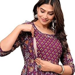 Printed Cotton Maternity Kurti for Women Feeding Anarkali Gown with Zip-image-75